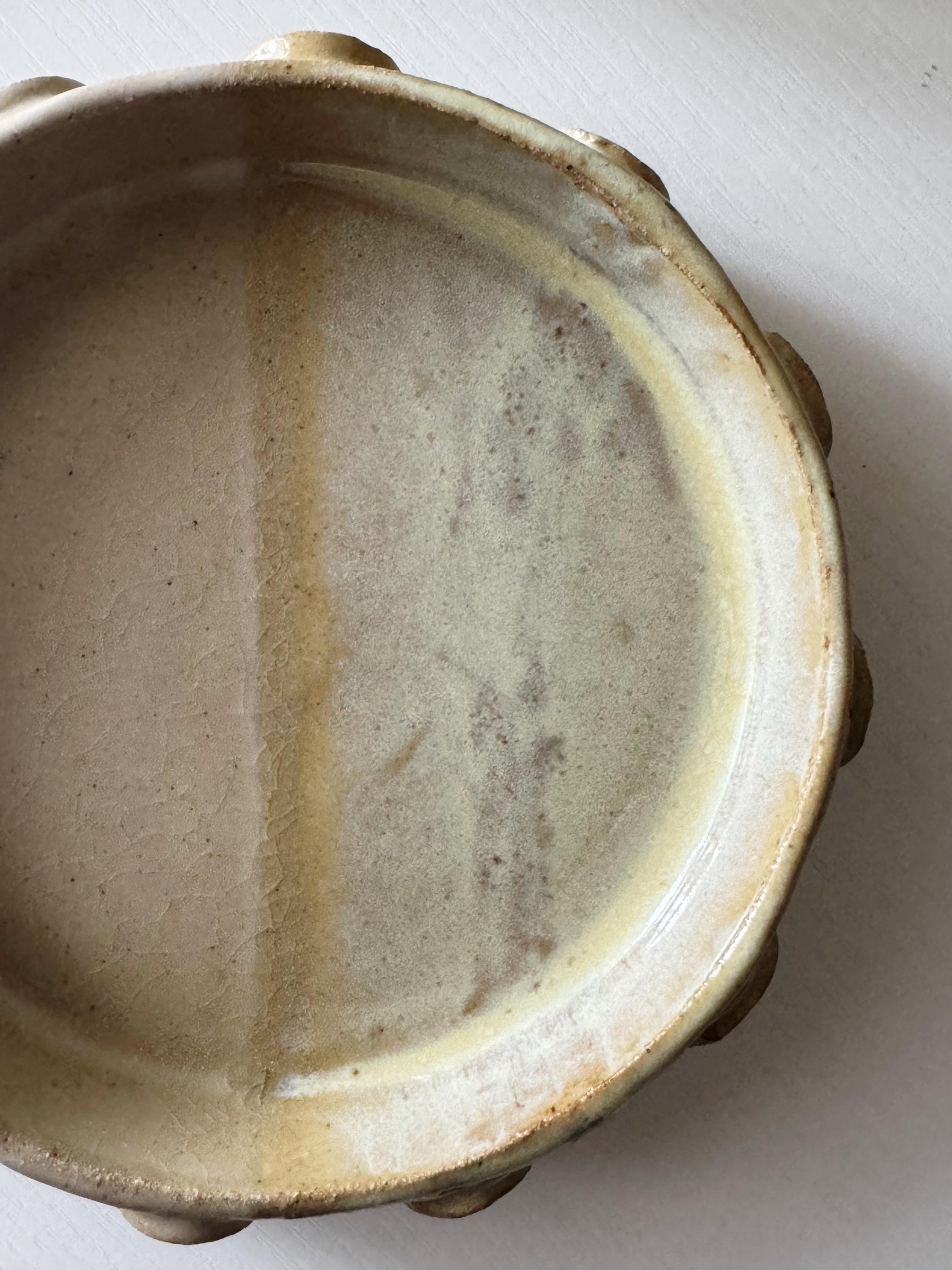 Handmade Ceramic Round Dish in Natural/Lemonade Color block Glaze, Decorative Accents,  6.25"
