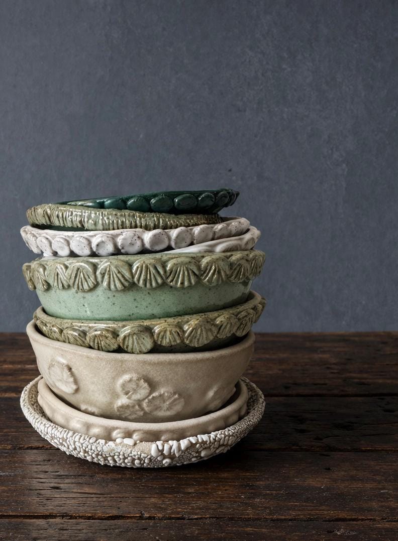 Handmade Ceramic Shells Dish in Dusty Emerald/Seafoam Colorblock Glaze,  5.5"