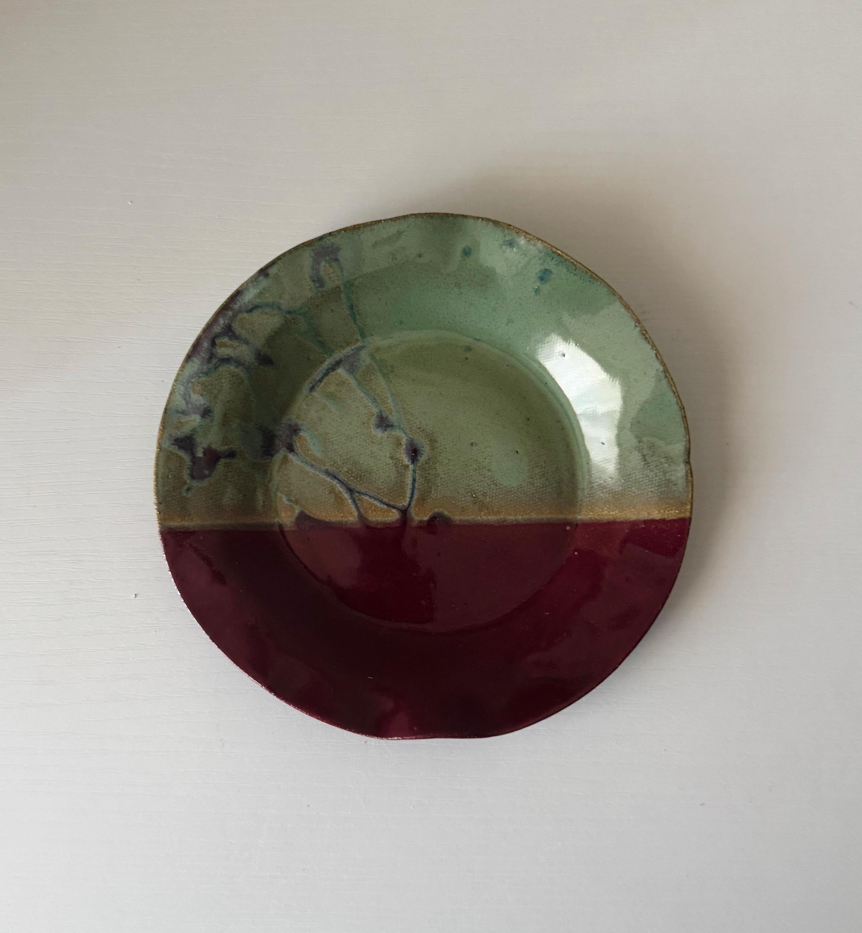 Handmade Ceramic Wavy Plate in Seafoam/Raspberry Splatter Color block, 6.5"
