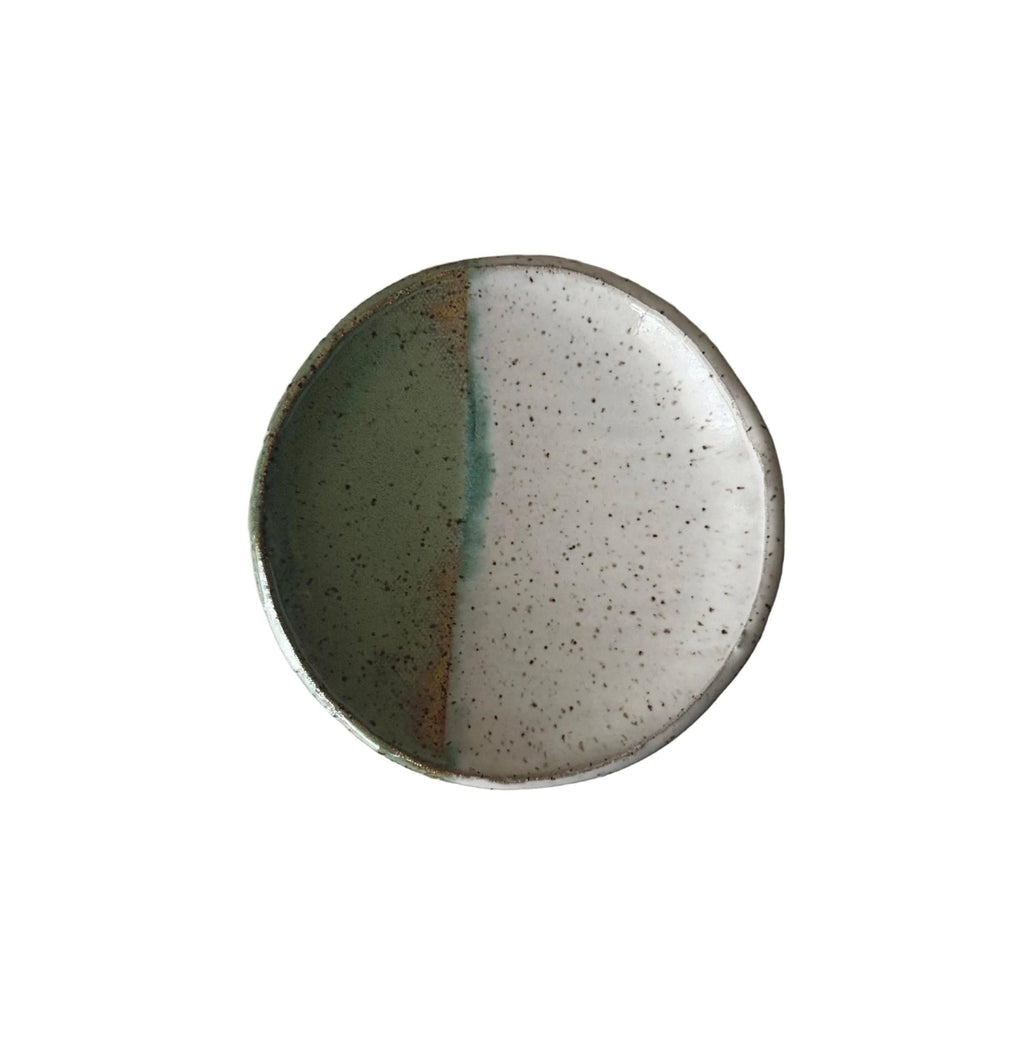 Handmade Ceramic Dish in Jade/Glossy White Color block 3.25"