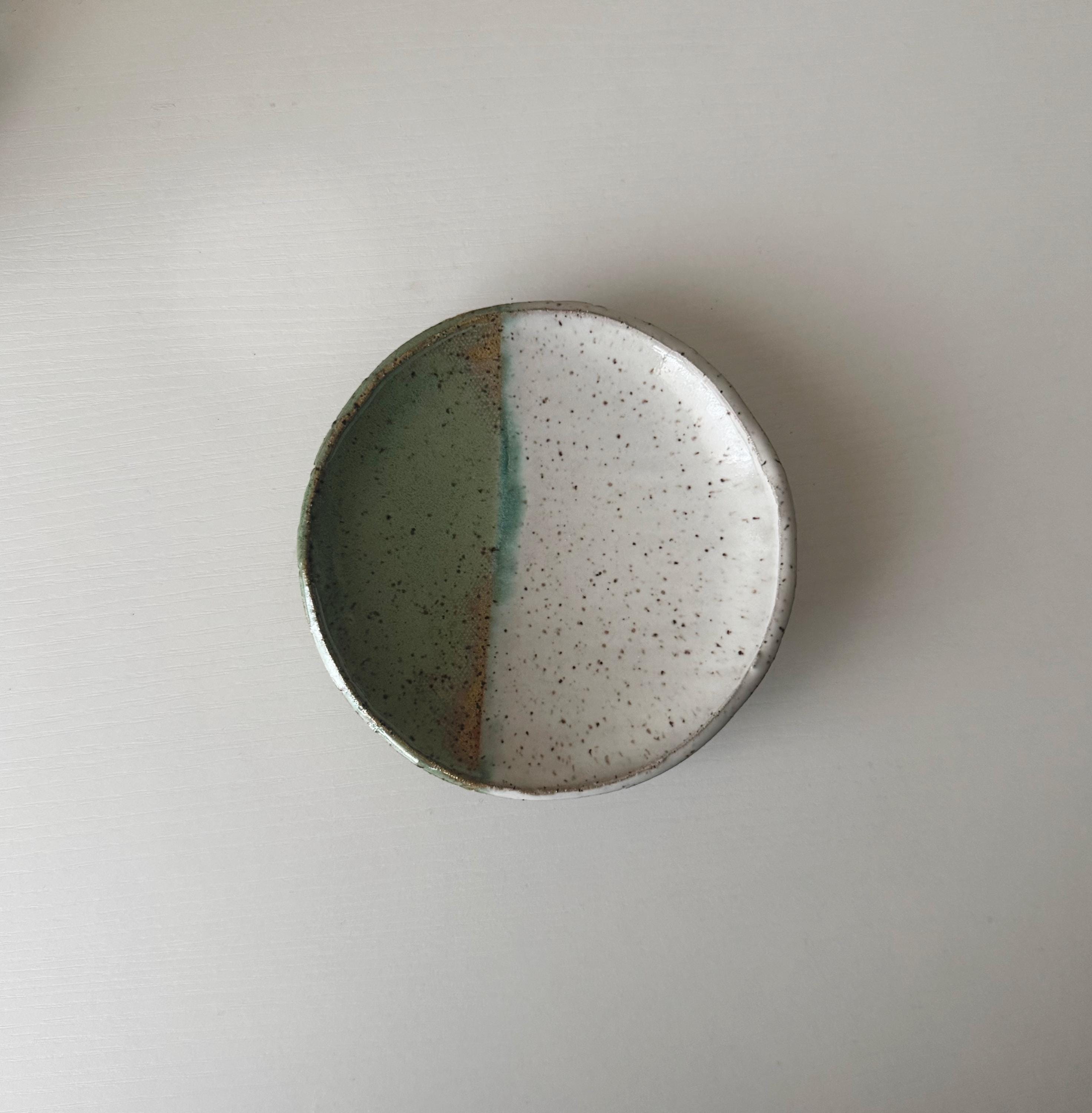 Handmade Ceramic Dish in Jade/Glossy White Color block 3.25"