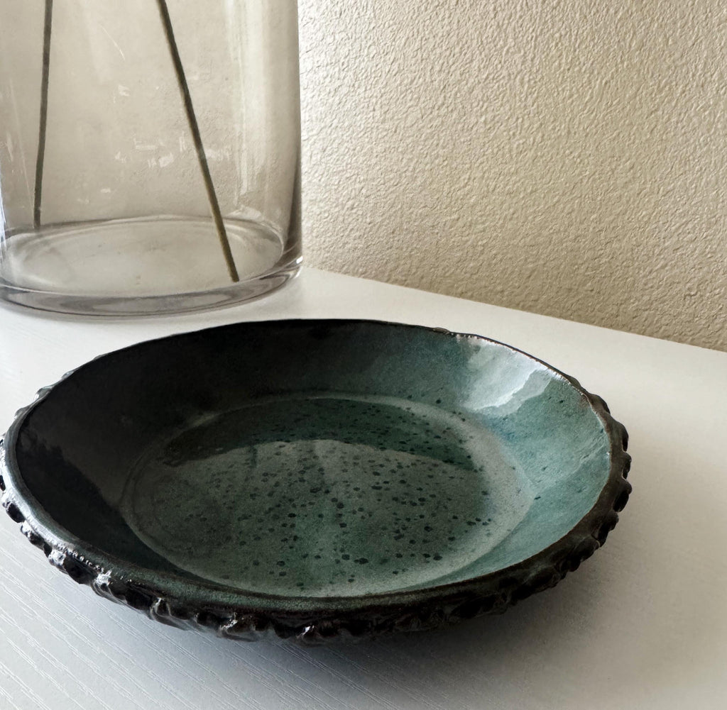 Handmade Ceramic Shells Pasta Bowl in Blue Brown Glaze, Decorative Accents, 10"