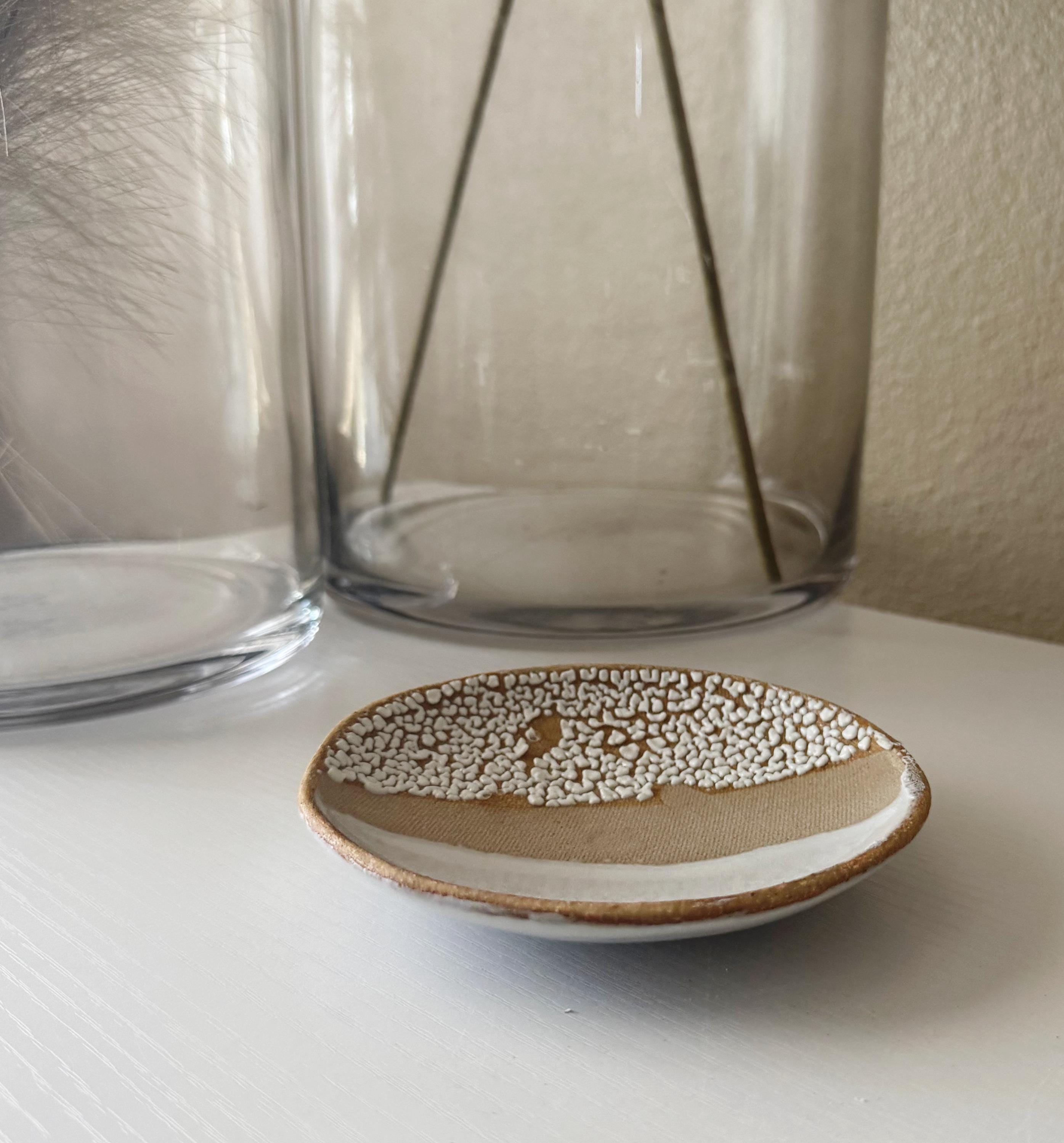 Handmade Ceramic Decorative Dish in White Crawl Color Block Glaze,  5.25"
