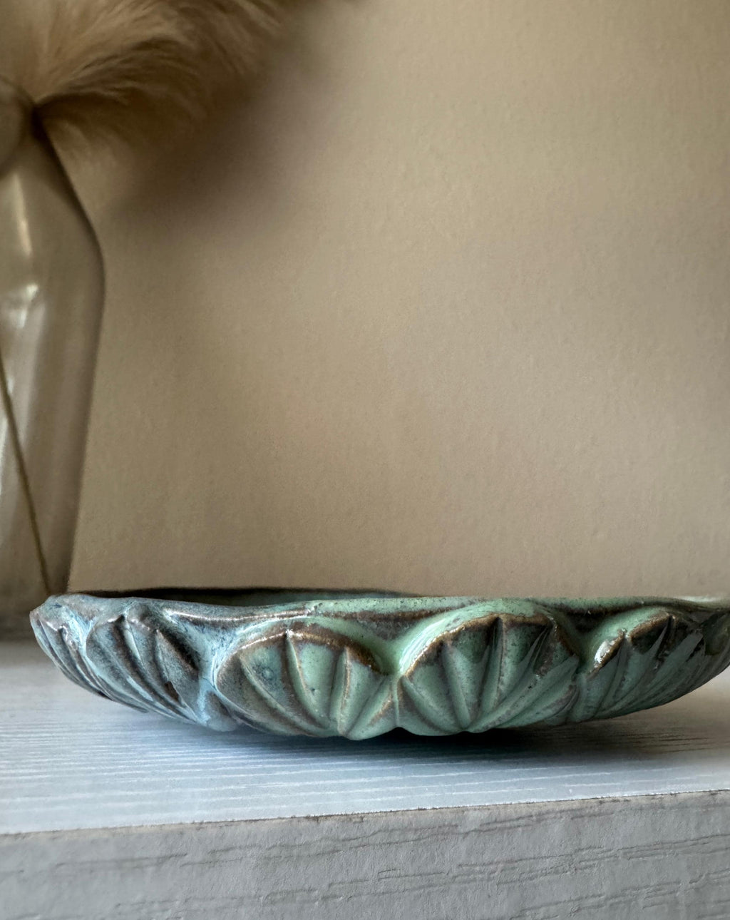 Handmade Ceramic Shells Dish in Dusty Emerald/Seafoam Colorblock Glaze,  5.5"
