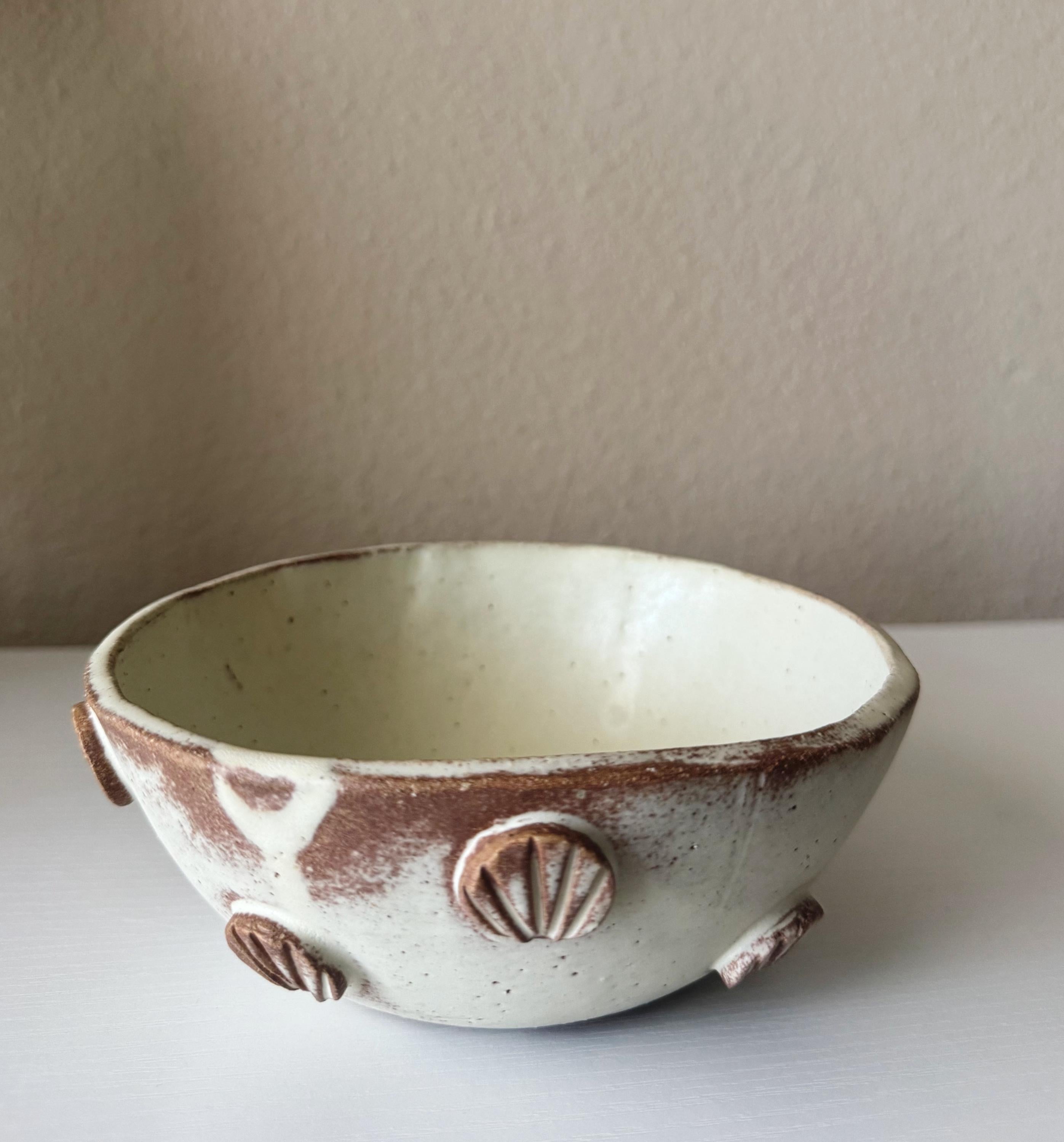 Handmade Ceramic Shells Bowl, Ochre Cream Glaze, Decorative Accents, 6.5"