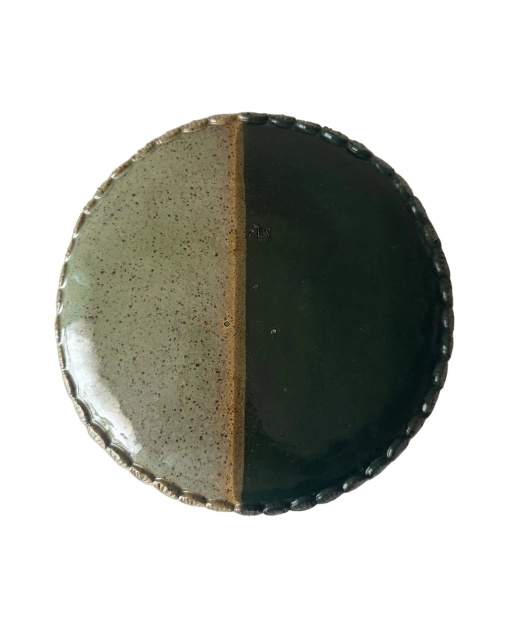 Handmade Ceramic Shells Plate in Jade/Emerald Speckle Color block, 8.25"