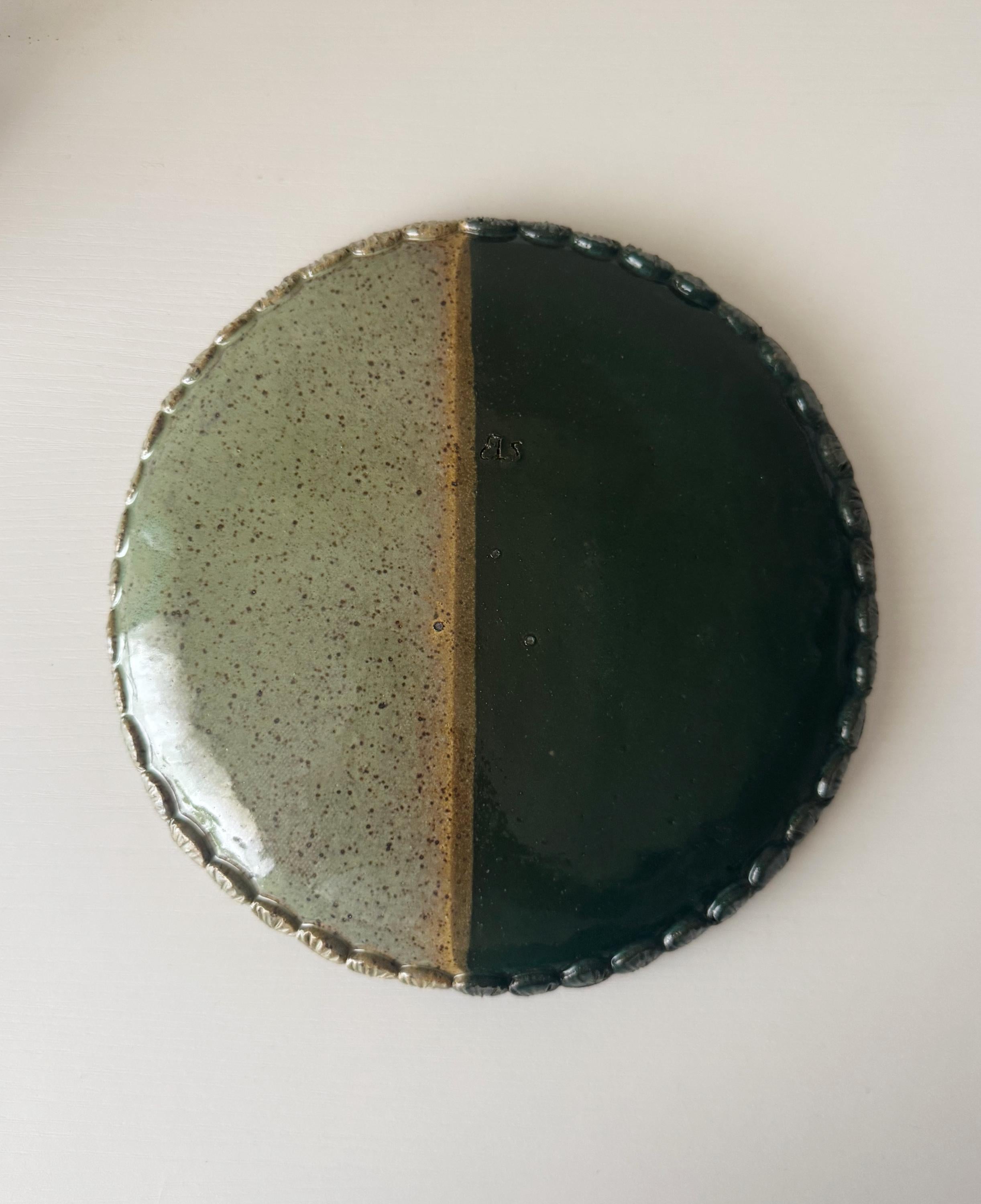 Handmade Ceramic Shells Plate in Jade/Emerald Speckle Color block, 8.25"