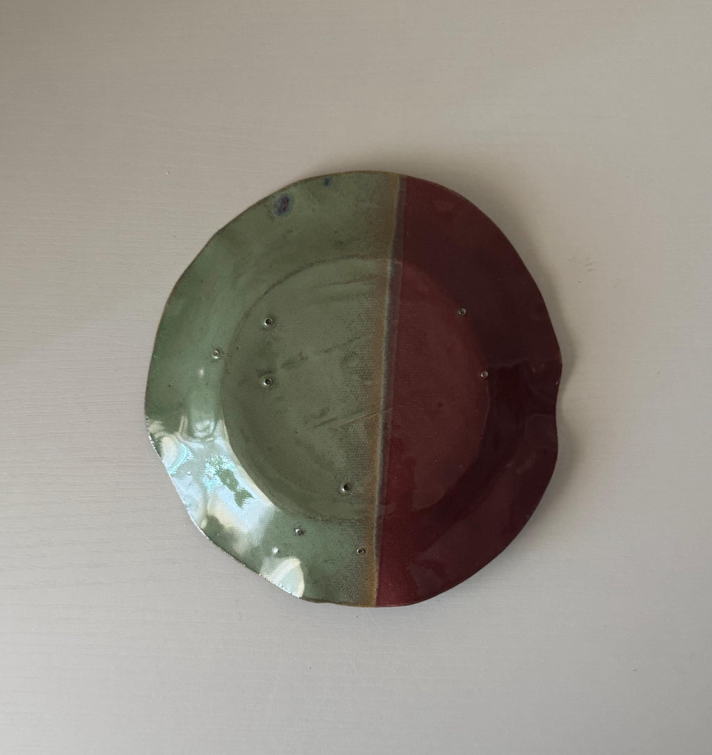 Handmade Ceramic Wavy Plate in Seafoam/Raspberry Splatter Color block, 6.5"