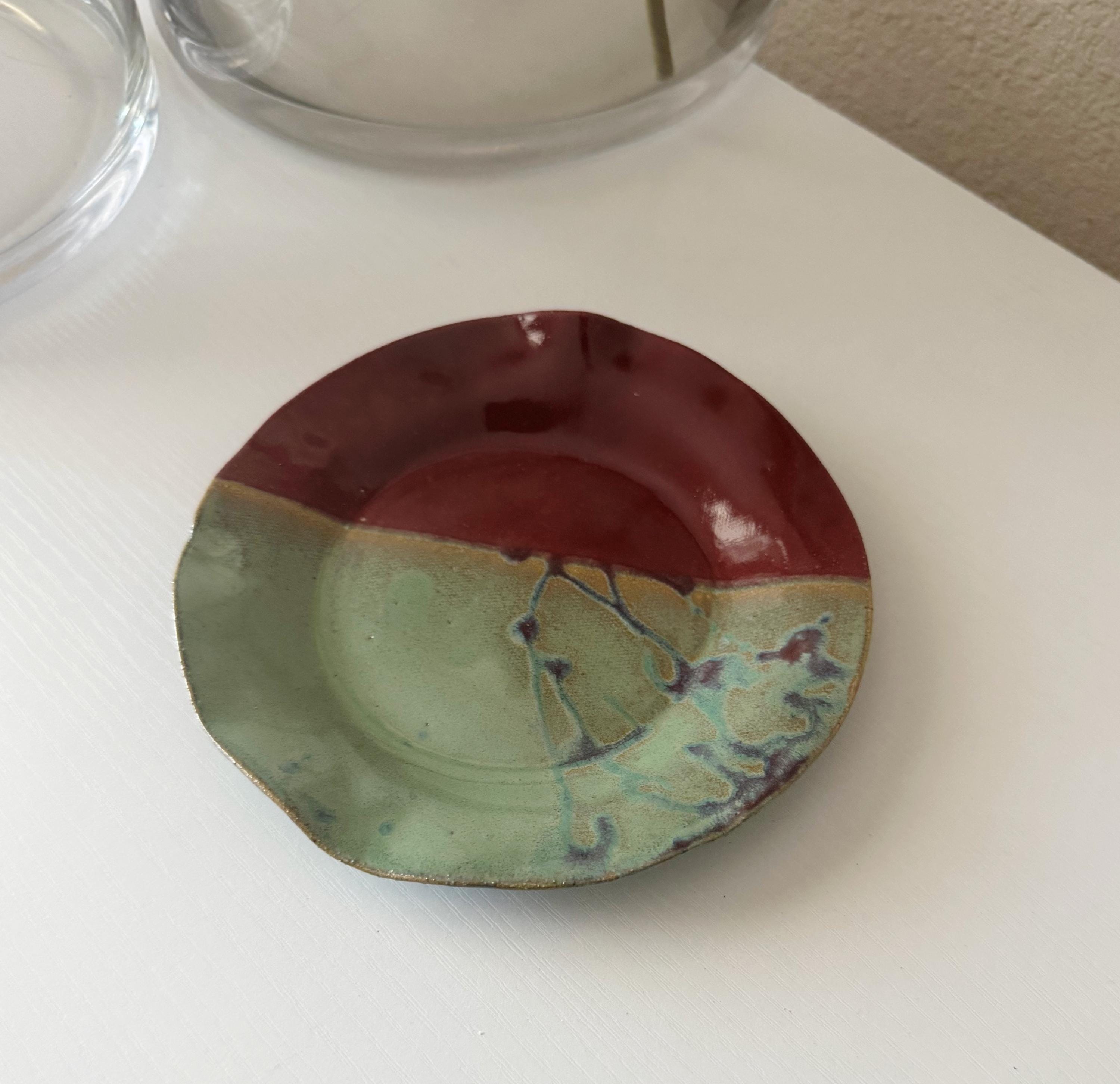 Handmade Ceramic Wavy Plate in Seafoam/Raspberry Splatter Color block, 6.5"