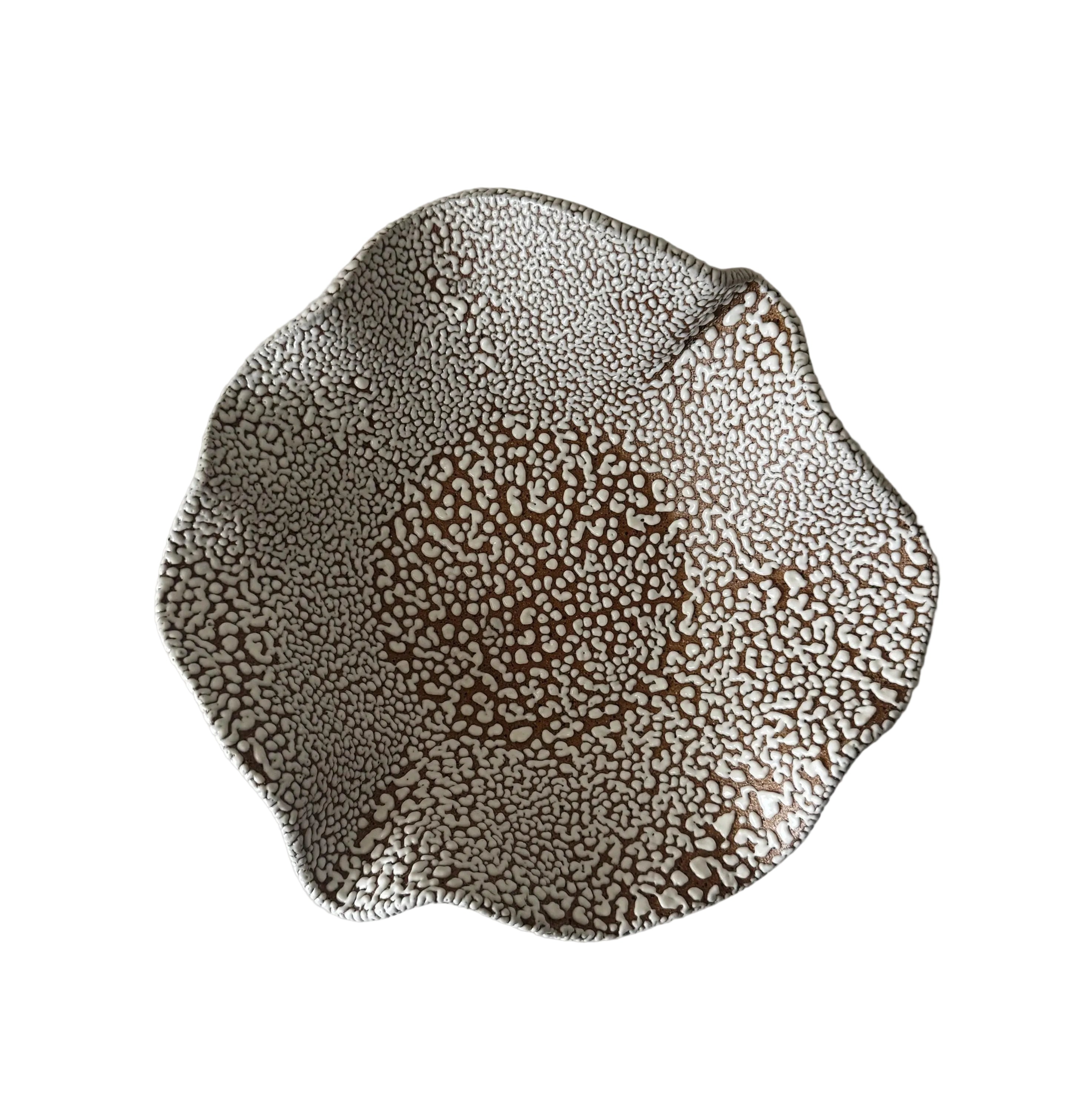 Halo Bowl | Handmade Ceramic Decorative Wavy Bowl in White Crawl | 9"