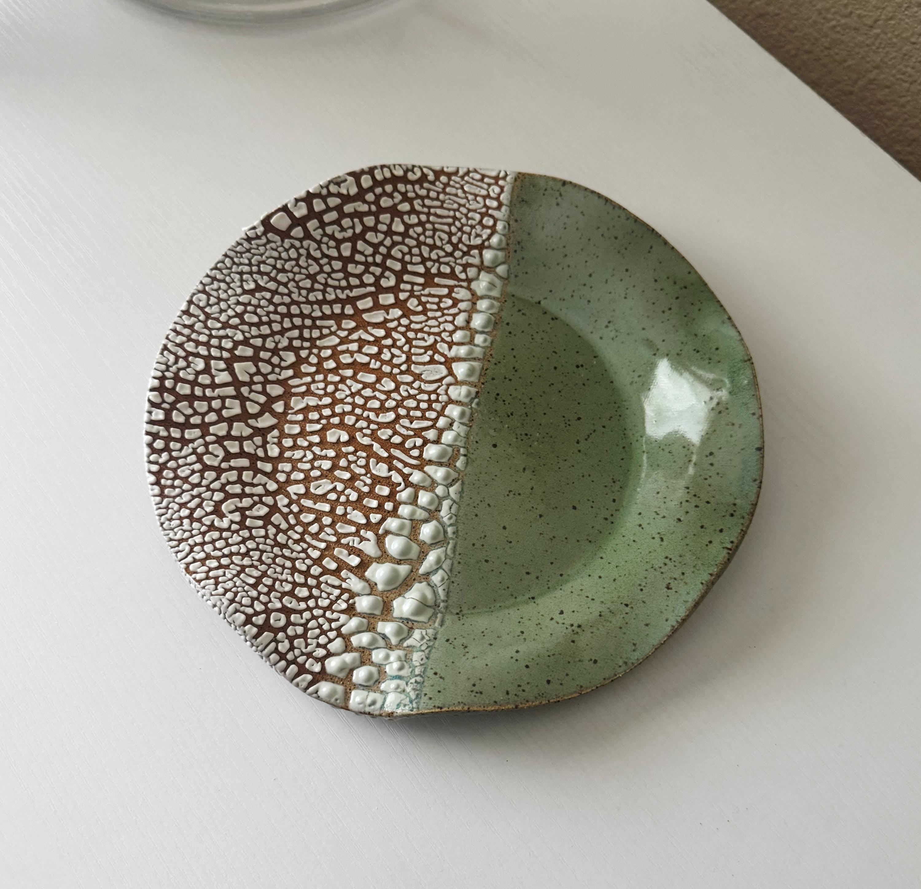 Wavy Plate | Handmade Ceramic Decorative Plate in White Crawl/Seafoam Color Block | 8.5"