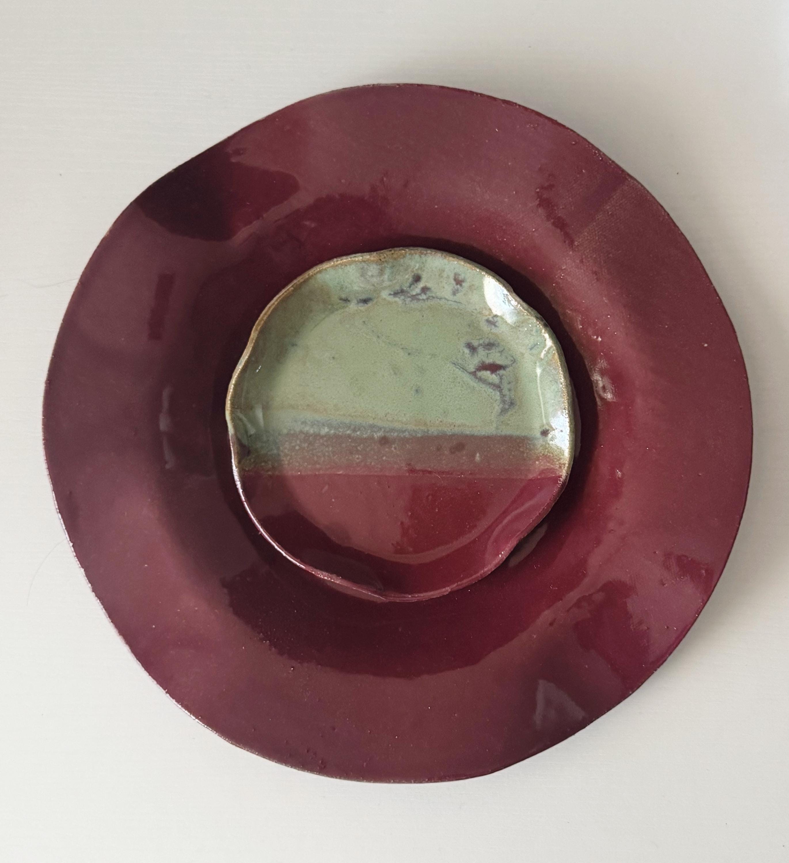 Shale Plate Set | Handmade Ceramic Set in Raspberry/Seafoam Color Block | 10", 5"