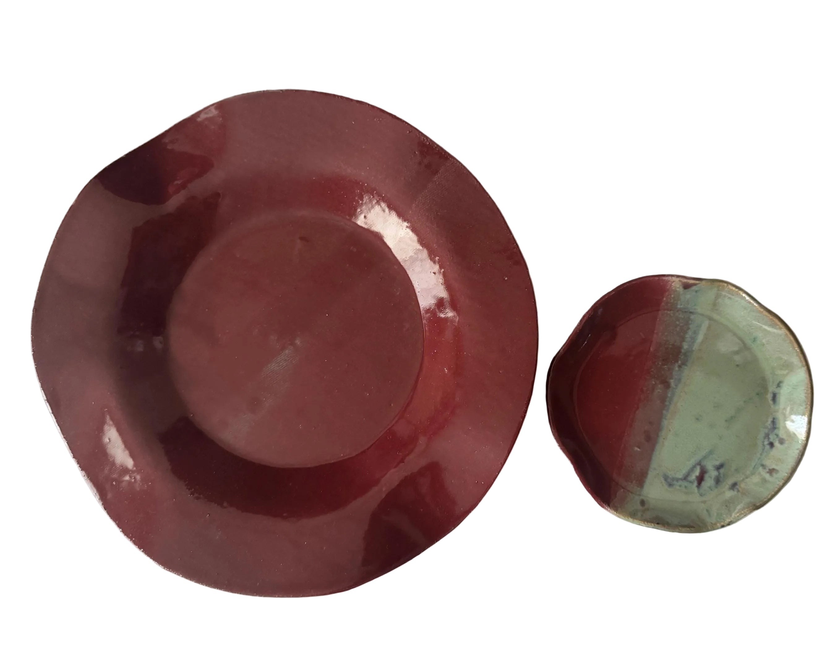 Shale Plate Set | Handmade Ceramic Set in Raspberry/Seafoam Color Block | 10", 5"