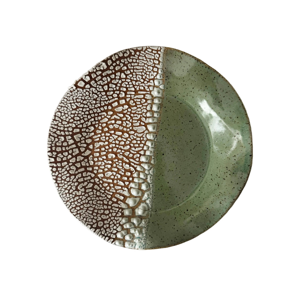 Wavy Plate | Handmade Ceramic Decorative Plate in White Crawl/Seafoam Color Block | 8.5"