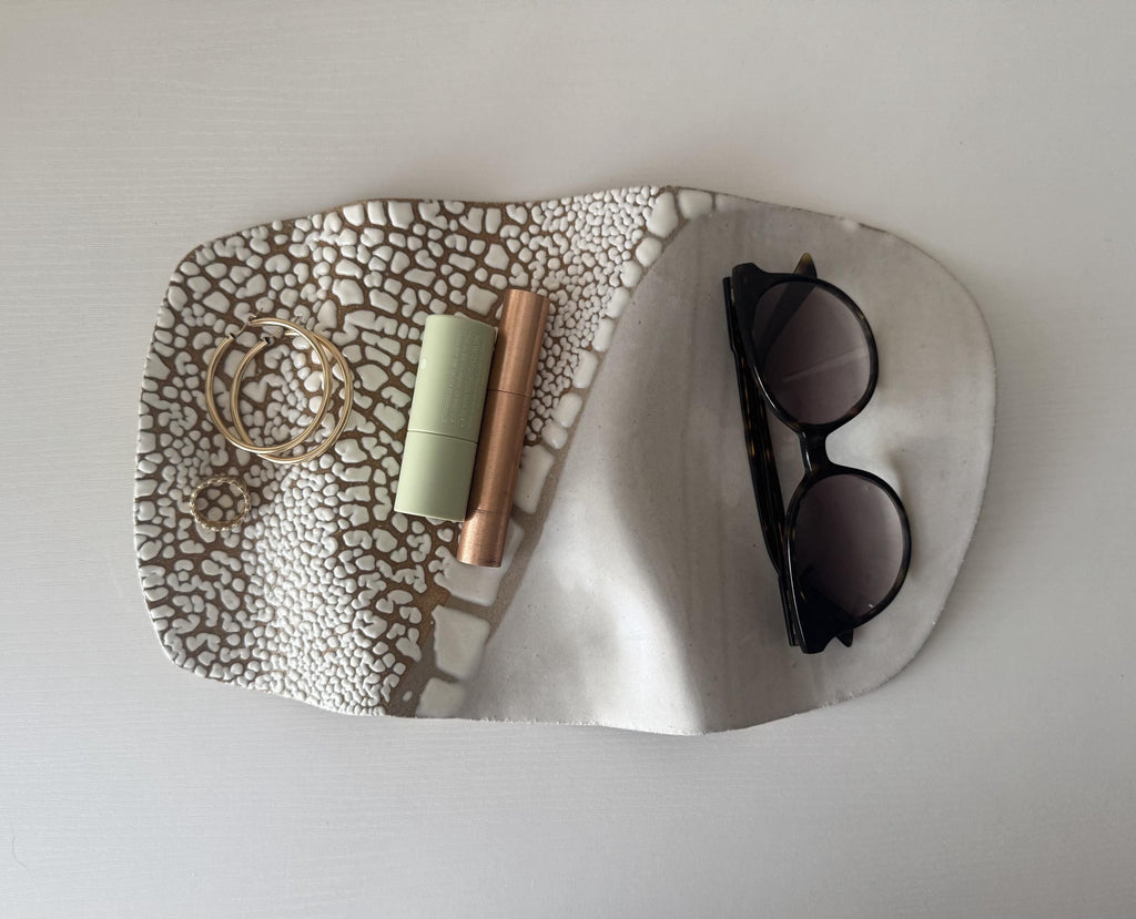 Ripple Tray | Handmade Decorative Tray in White Crawl Color Block Glaze | 12x8"