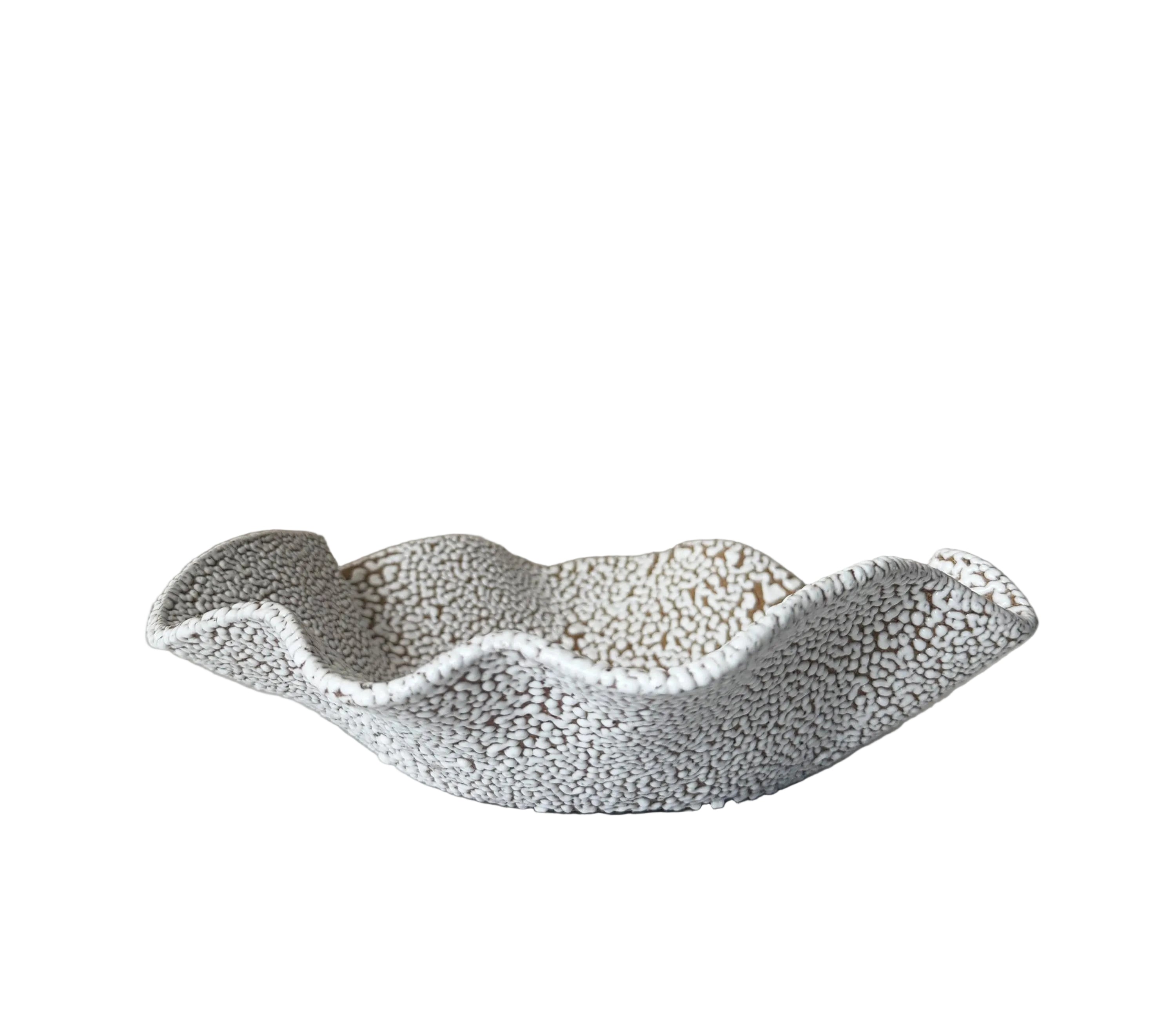 Halo Bowl | Handmade Ceramic Decorative Wavy Bowl in White Crawl | 9"