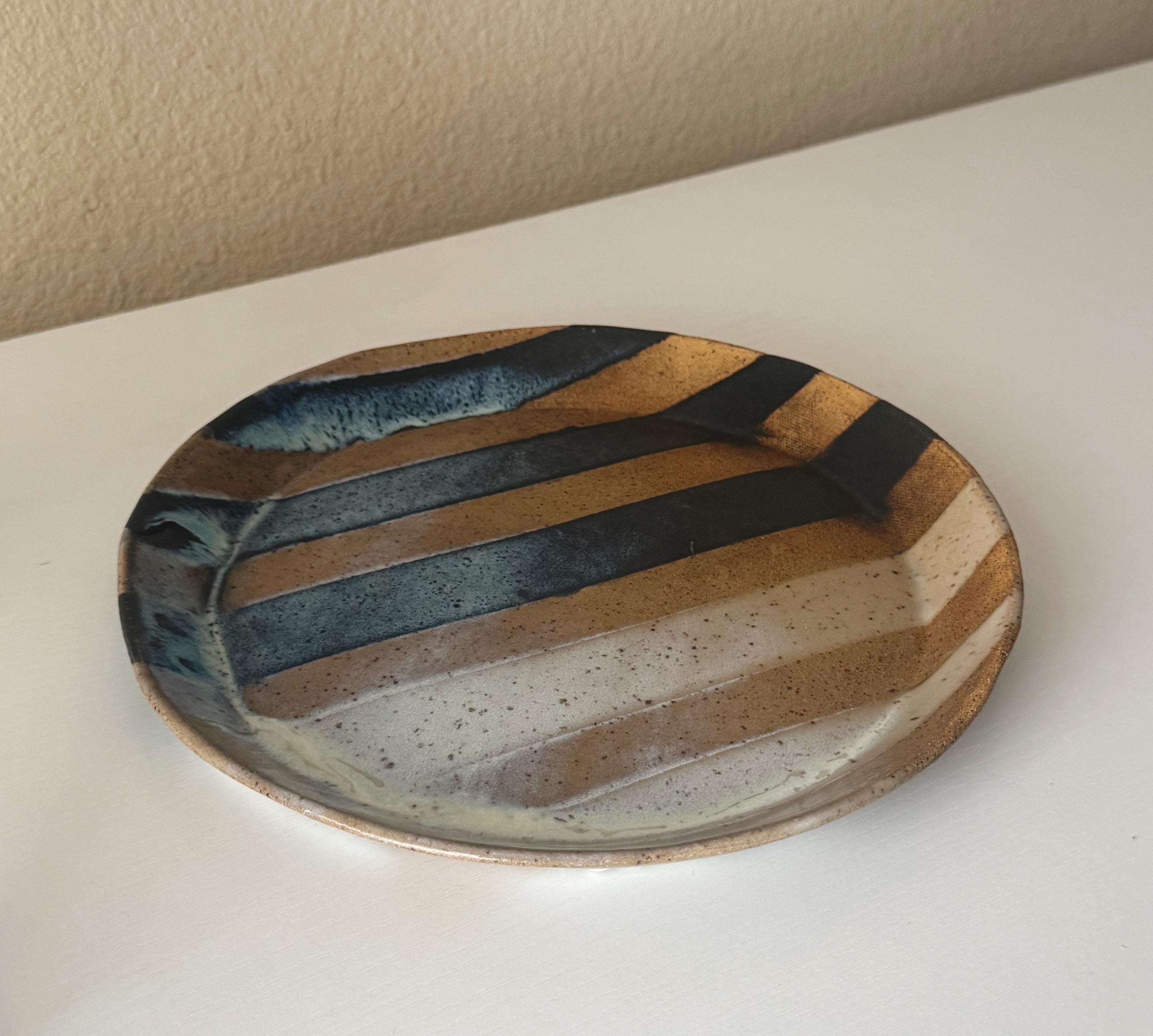 Obsidian Plate | Handmade Ceramic Painterly Stripes Plate in Natural/White/Black | 10"