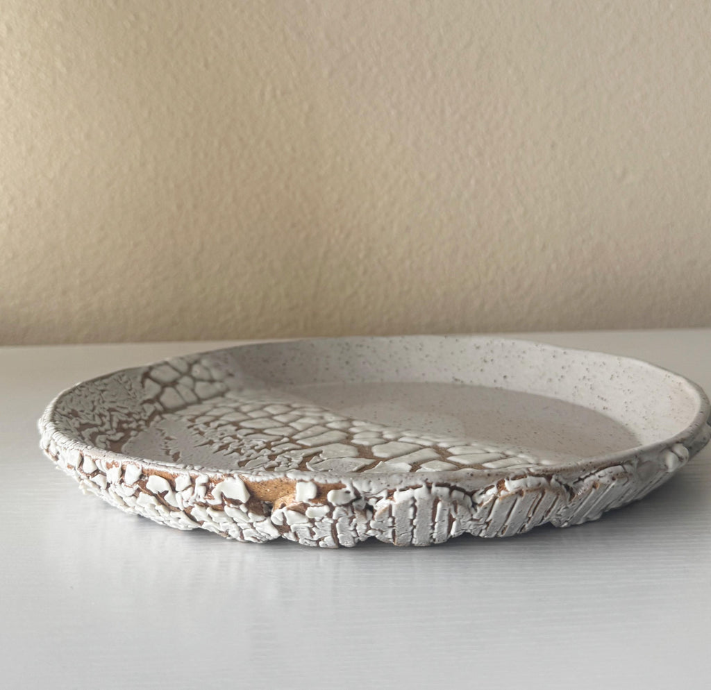 Nayarit Plate | Handmade Ceramic Bubbles Decorative Plate in White Crawl Color Block Glaze | 10"