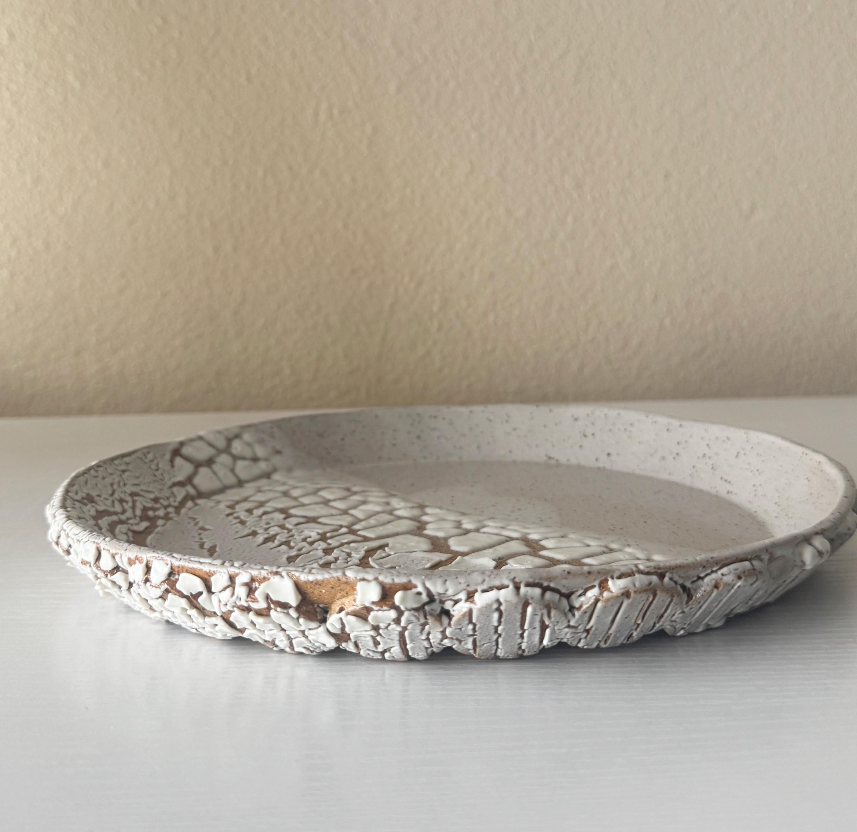 Nayarit Plate | Handmade Ceramic Bubbles Decorative Plate in White Crawl Color Block Glaze | 10"