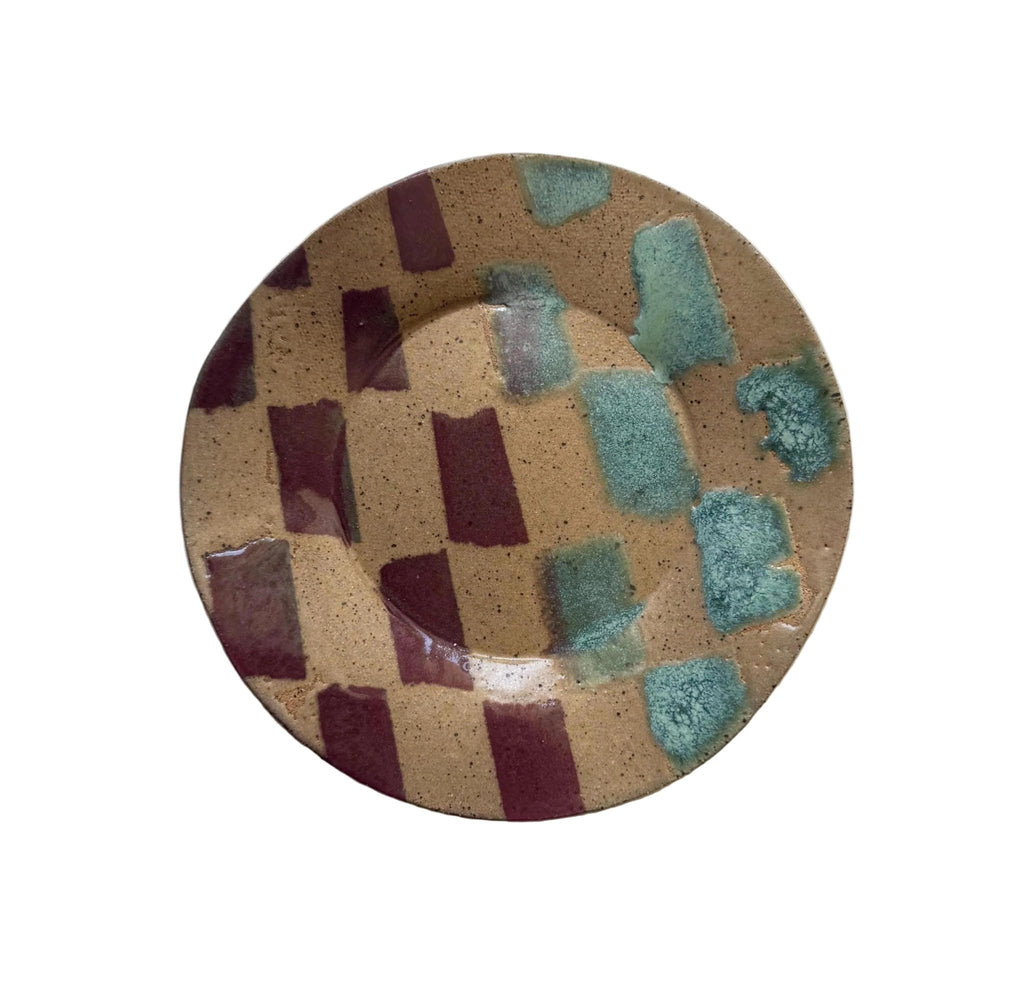 Handmade Decorative Ceramic Wavy Plate in Seafoam/Raspberry Check, 6.75" - Bordeaux Ceramics