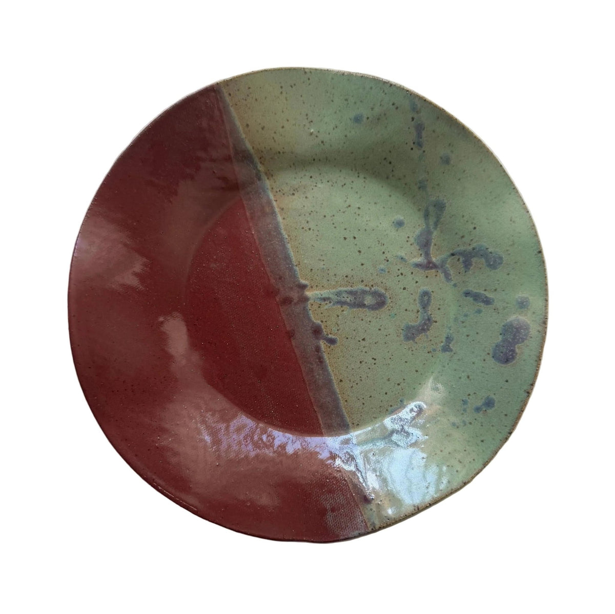 Handmade Ceramic Wavy Plate in Seafoam/Raspberry Color Block, 8.5" - Bordeaux Ceramics