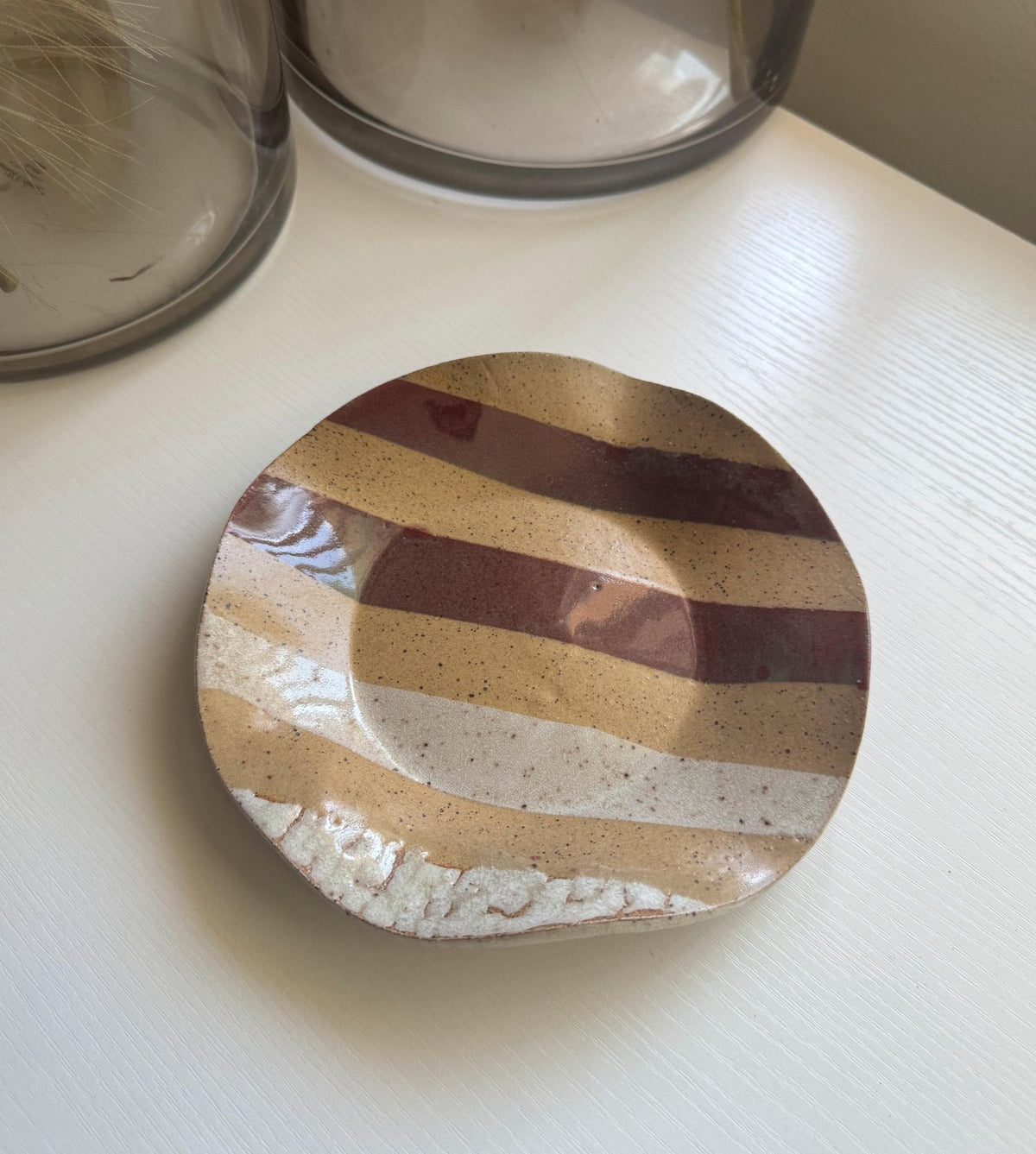 Handmade Decorative Ceramic Wavy Plate in White/Raspberry Painterly Stripe, 7" - Bordeaux Ceramics