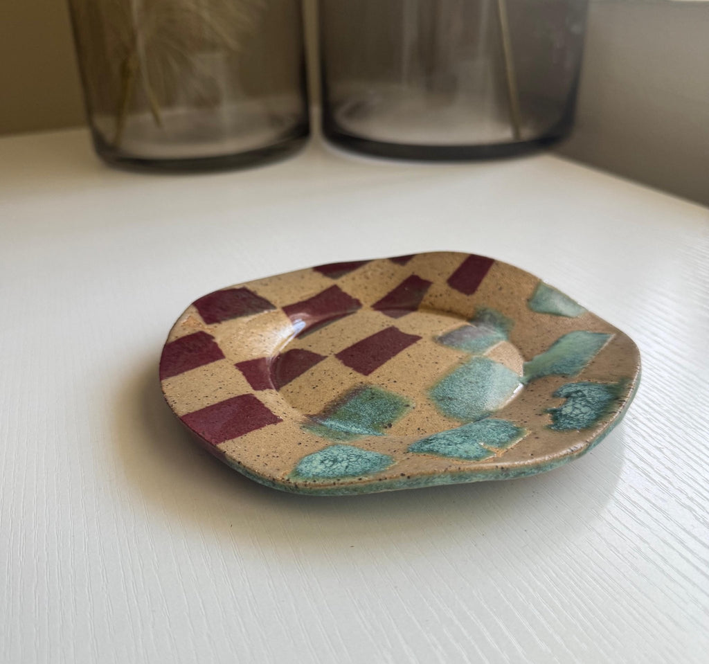 Handmade Decorative Ceramic Wavy Plate in Seafoam/Raspberry Check, 6.75" - Bordeaux Ceramics