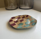 Handmade Decorative Ceramic Wavy Plate in Seafoam/Raspberry Check, 6.75" - Bordeaux Ceramics