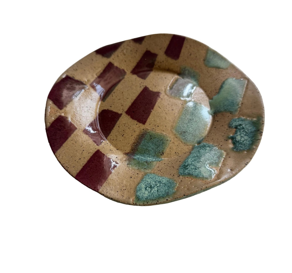 Handmade Decorative Ceramic Wavy Plate in Seafoam/Raspberry Check, 6.75" - Bordeaux Ceramics