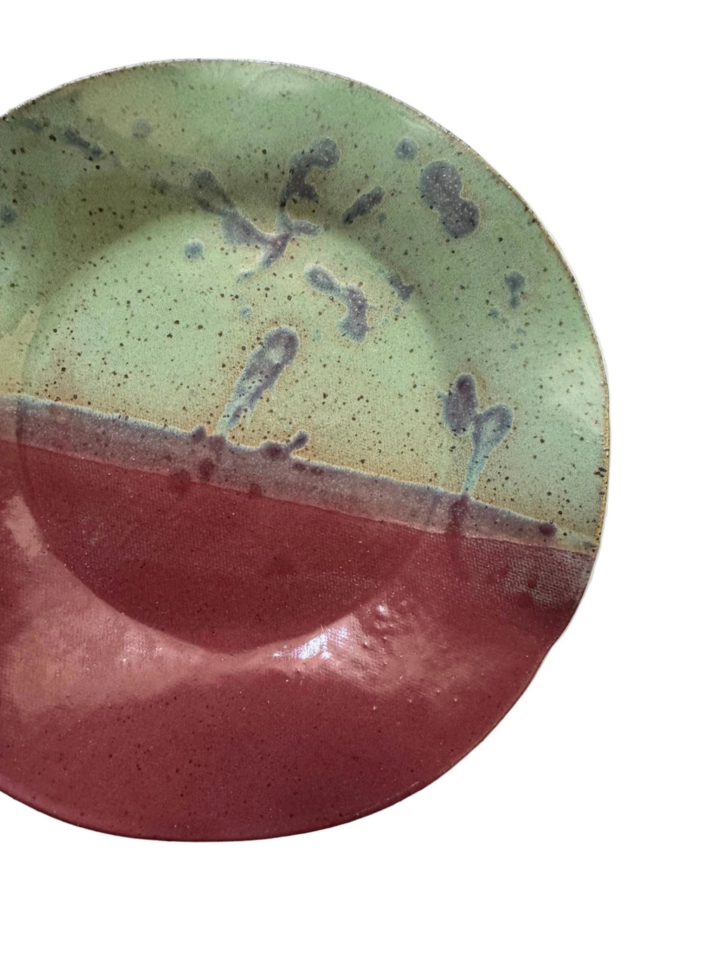 Handmade Ceramic Wavy Plate in Seafoam/Raspberry Color Block, 8.5" - Bordeaux Ceramics