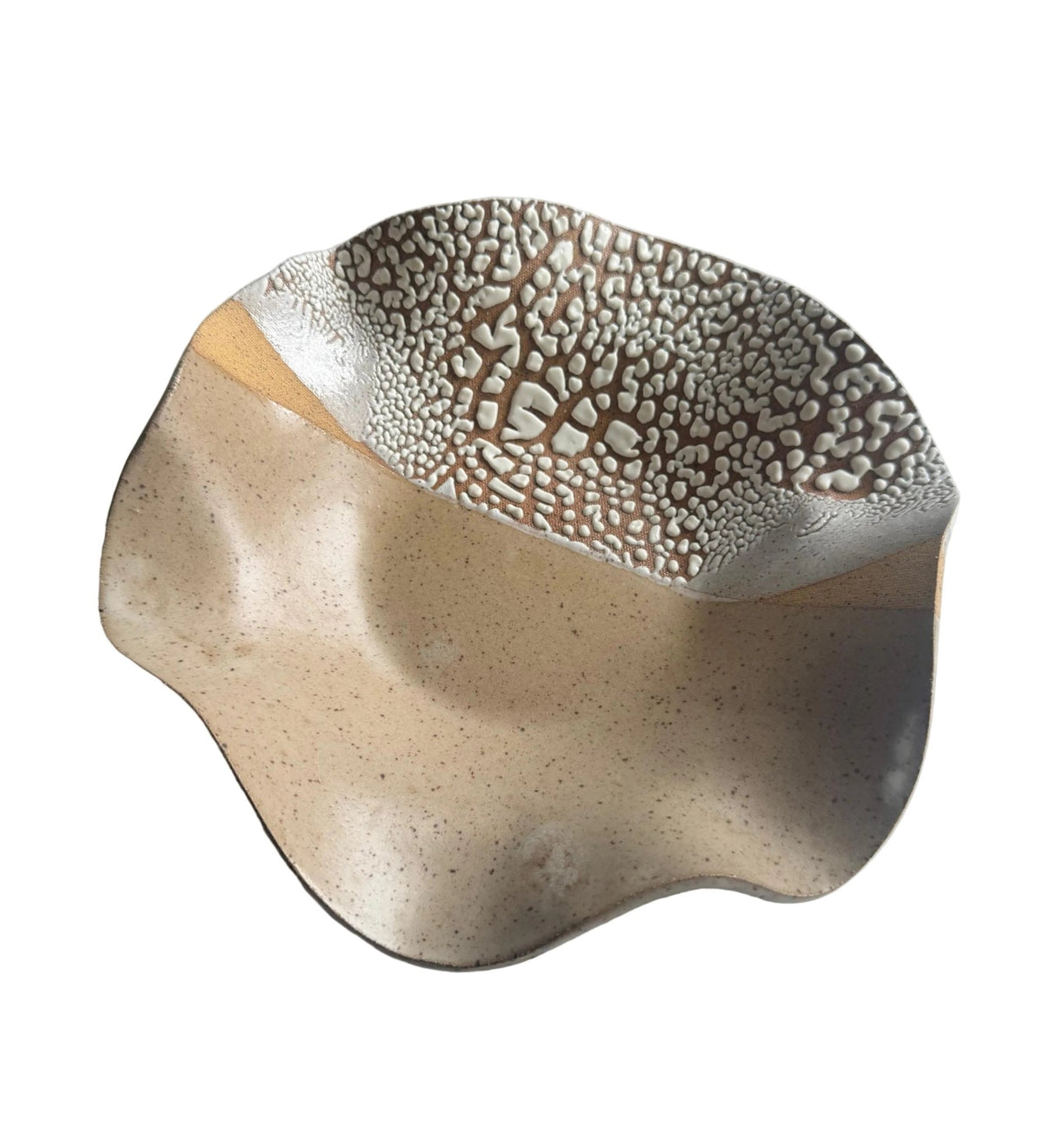 Handmade Ceramic Decorative Wavy Bowl in White Crawl/Natural Speckle Color Block, 11" - Bordeaux Ceramics