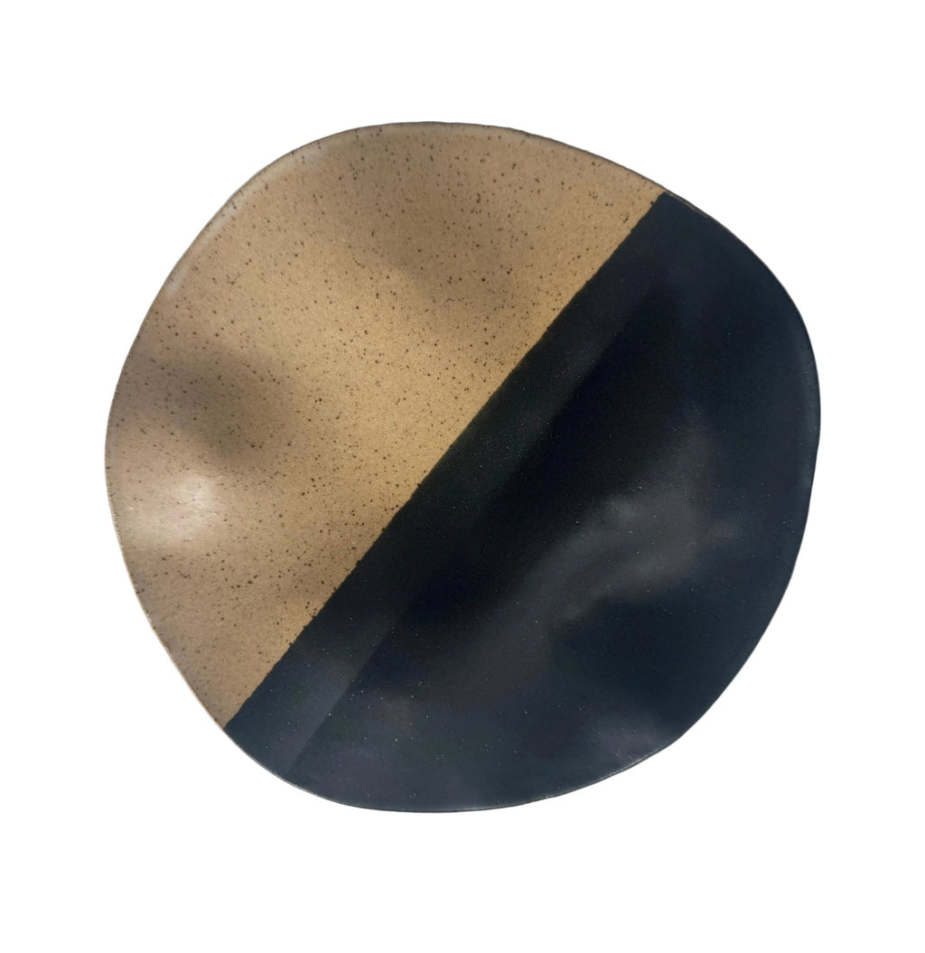 Handmade Round Wavy Platter in Natural/Black Color Block Glaze, 10" - Bordeaux Ceramics
