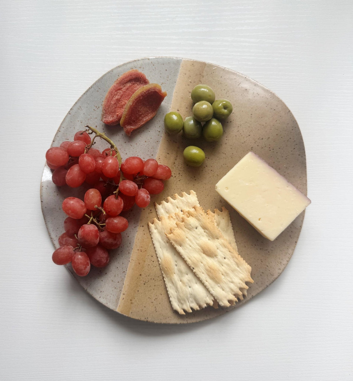 Handmade Round Wavy Platter in Natural/White Color Block Glaze, 10" - Bordeaux Ceramics