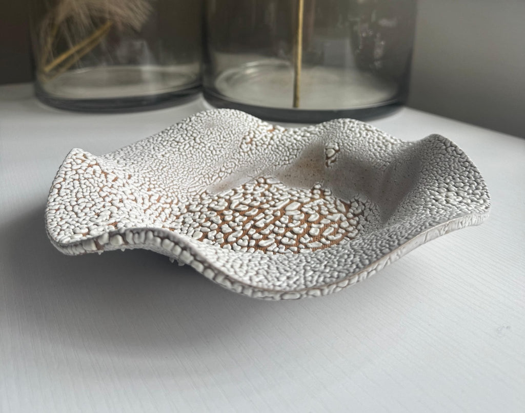 Handmade Ceramic Decorative Wavy Bowl in White Crawl Speckle, 8.5" - Bordeaux Ceramics
