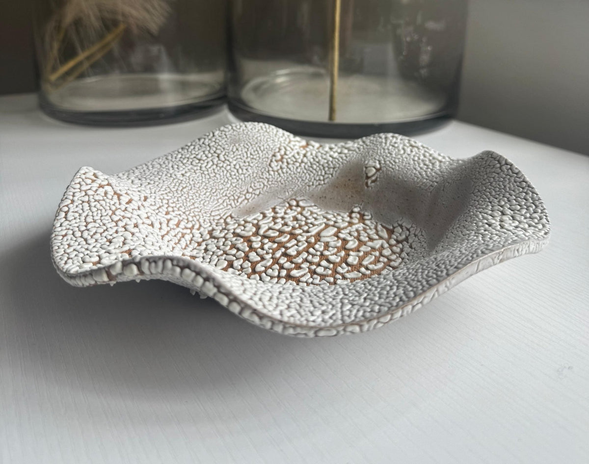 Handmade Ceramic Decorative Wavy Bowl in White Crawl Speckle, 8.5" - Bordeaux Ceramics