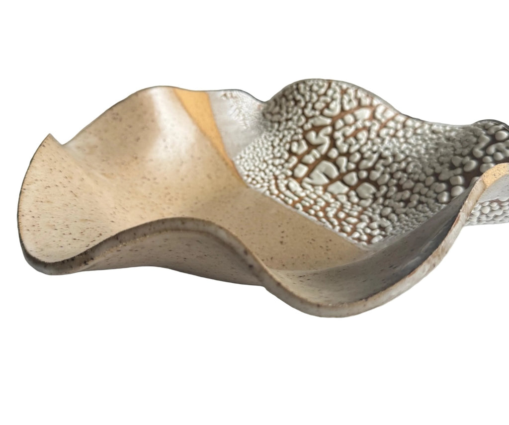 Handmade Ceramic Decorative Wavy Bowl in White Crawl/Natural Speckle Color Block, 11" - Bordeaux Ceramics