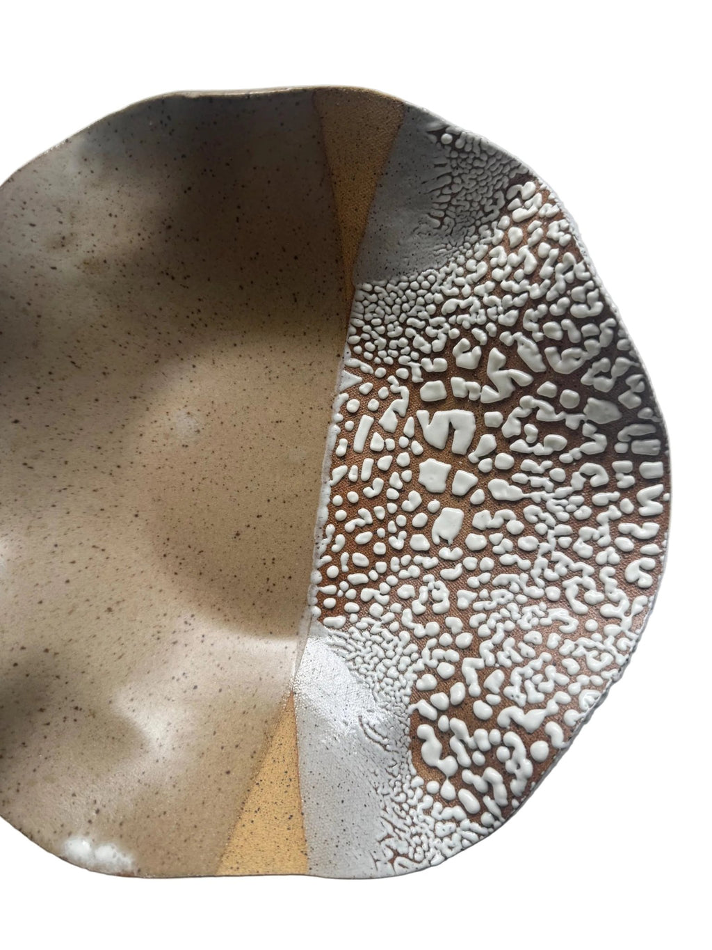 Handmade Ceramic Decorative Wavy Bowl in White Crawl/Natural Speckle Color Block, 11" - Bordeaux Ceramics