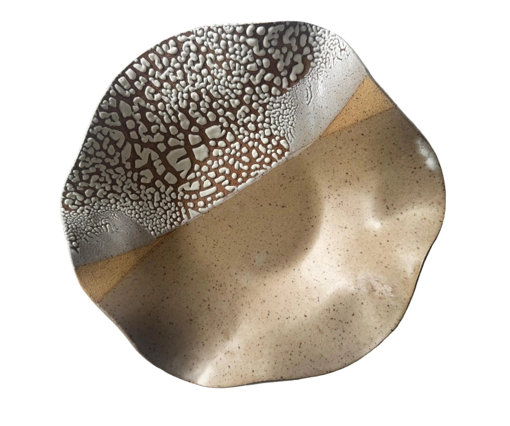 Handmade Ceramic Decorative Wavy Bowl in White Crawl/Natural Speckle Color Block, 11" - Bordeaux Ceramics
